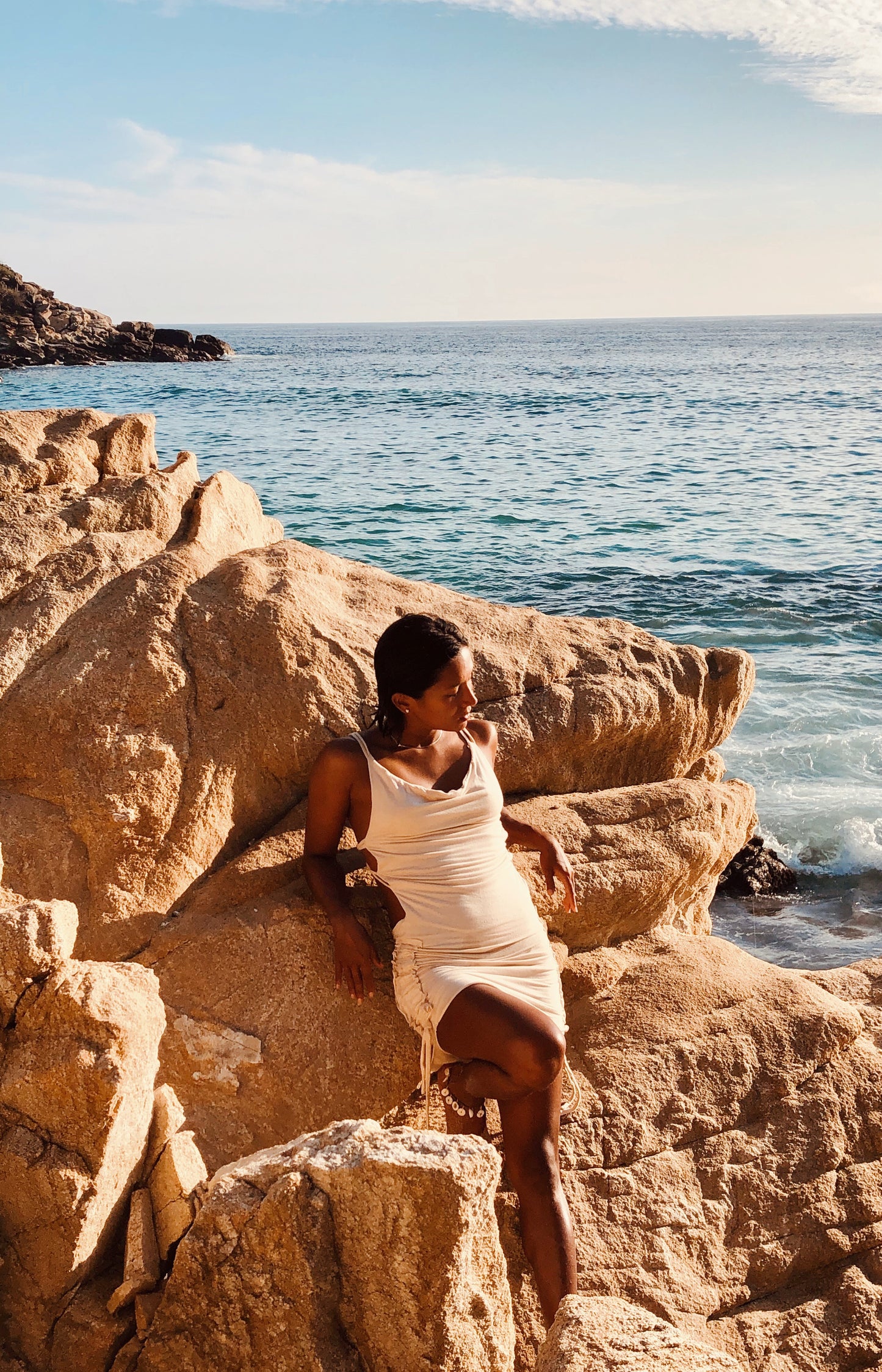 cowl neckline bamboo open back dress,cream off white bamboo dress, O wooden ring Open criss cross back sensuous natural fabric double layered- No Bra Required ruching, back and sides