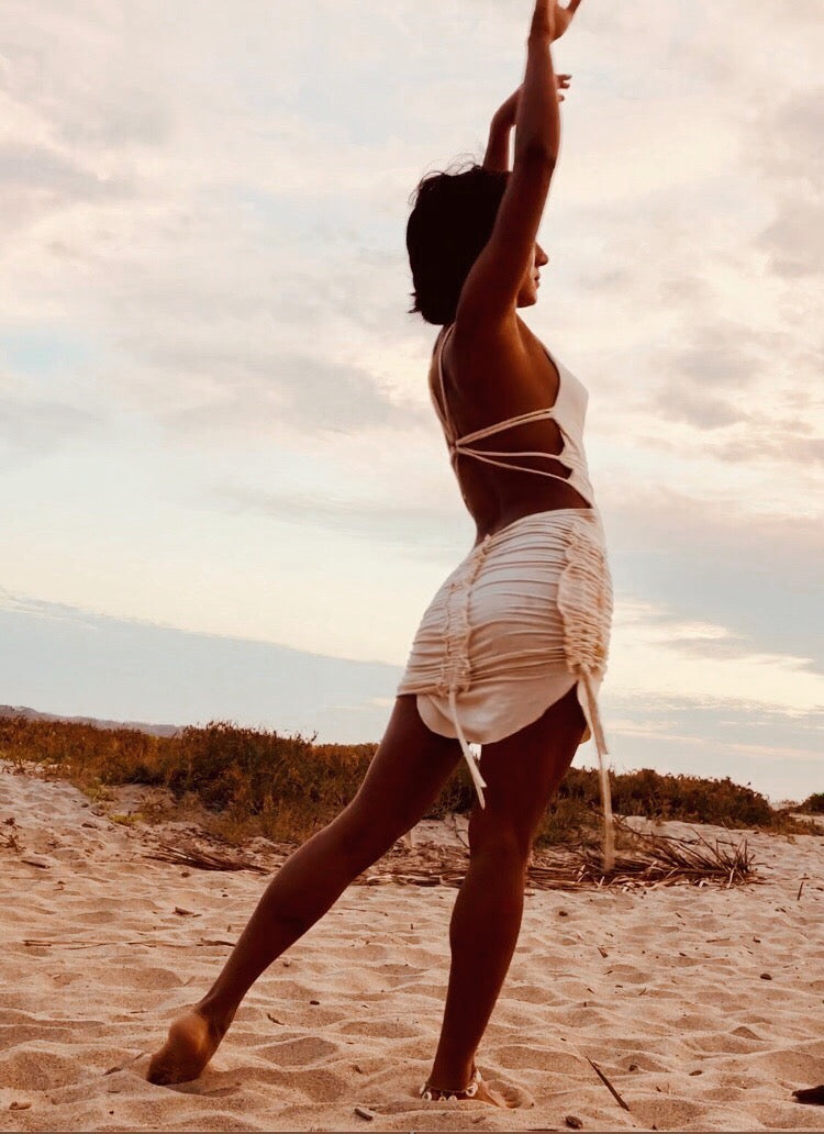 cowl neckline bamboo open back dress,cream off white bamboo dress, O wooden ring Open criss cross back sensuous natural fabric double layered- No Bra Required ruching, back and sides