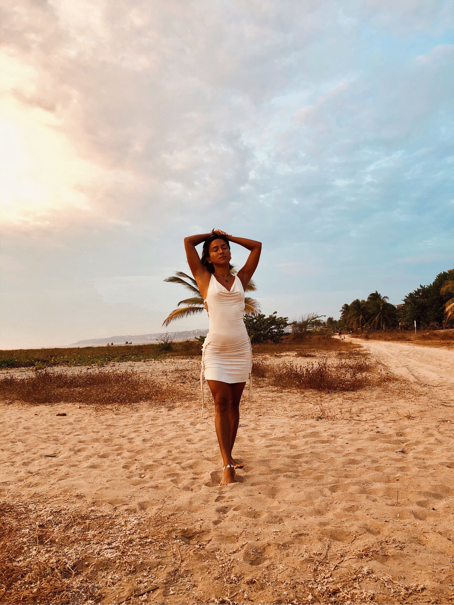 cowl neckline bamboo open back dress,cream off white bamboo dress, O wooden ring Open criss cross back sensuous natural fabric double layered- No Bra Required ruching, back and sides