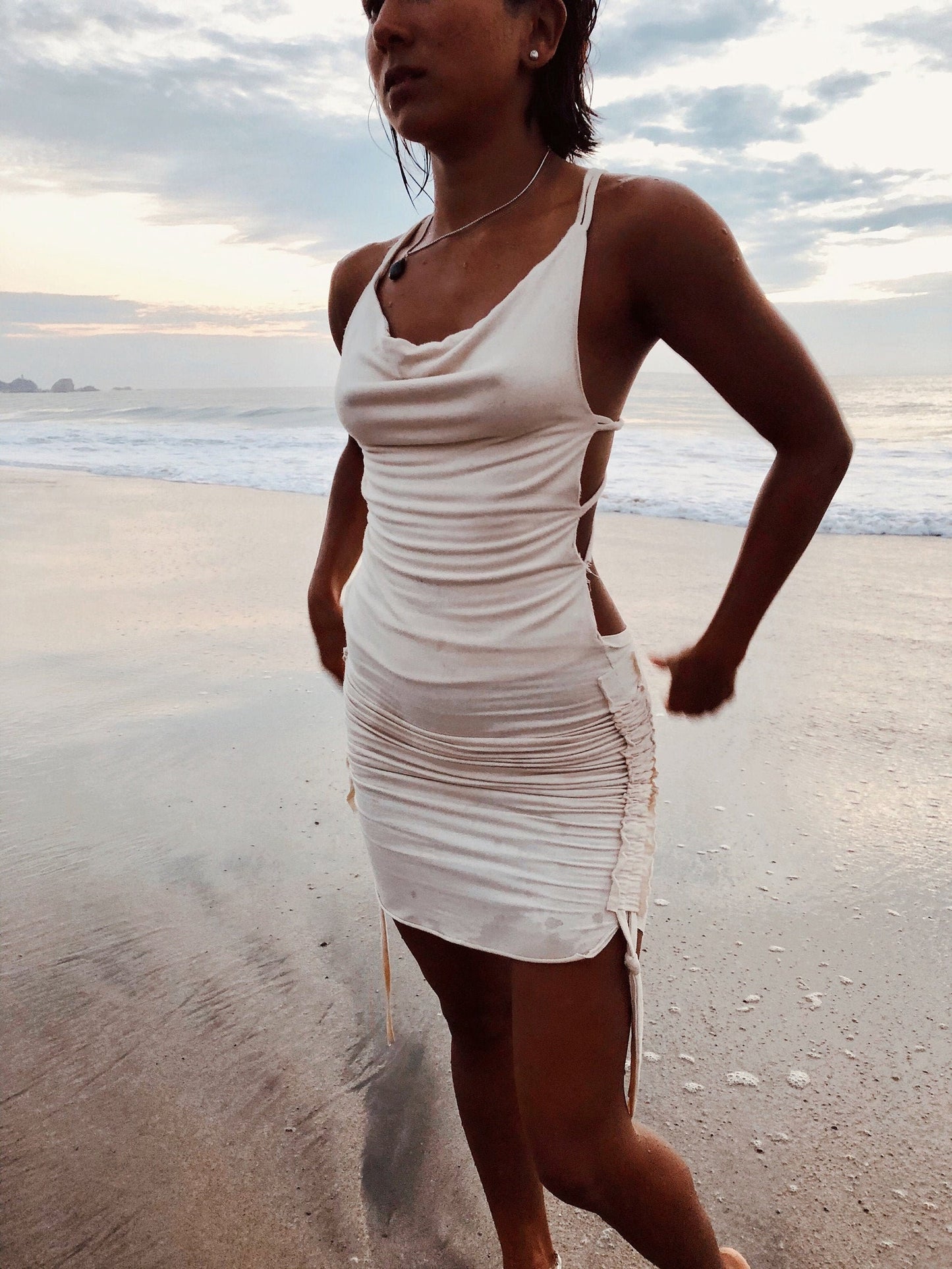 cream off white bamboo dress, O wooden ring Open criss cross back sensuous natural fabric double layered- No Bra Required ruching, back and sides