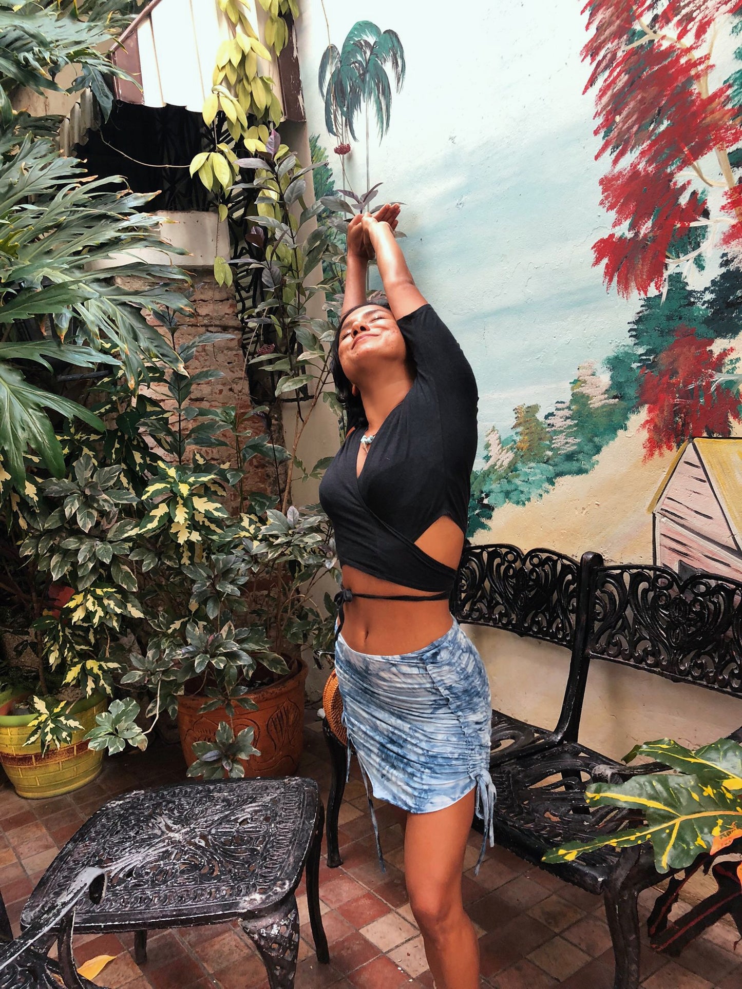 Hemp Wrap top Hemp top in black , pictured here with the Jungle skirt in blue.