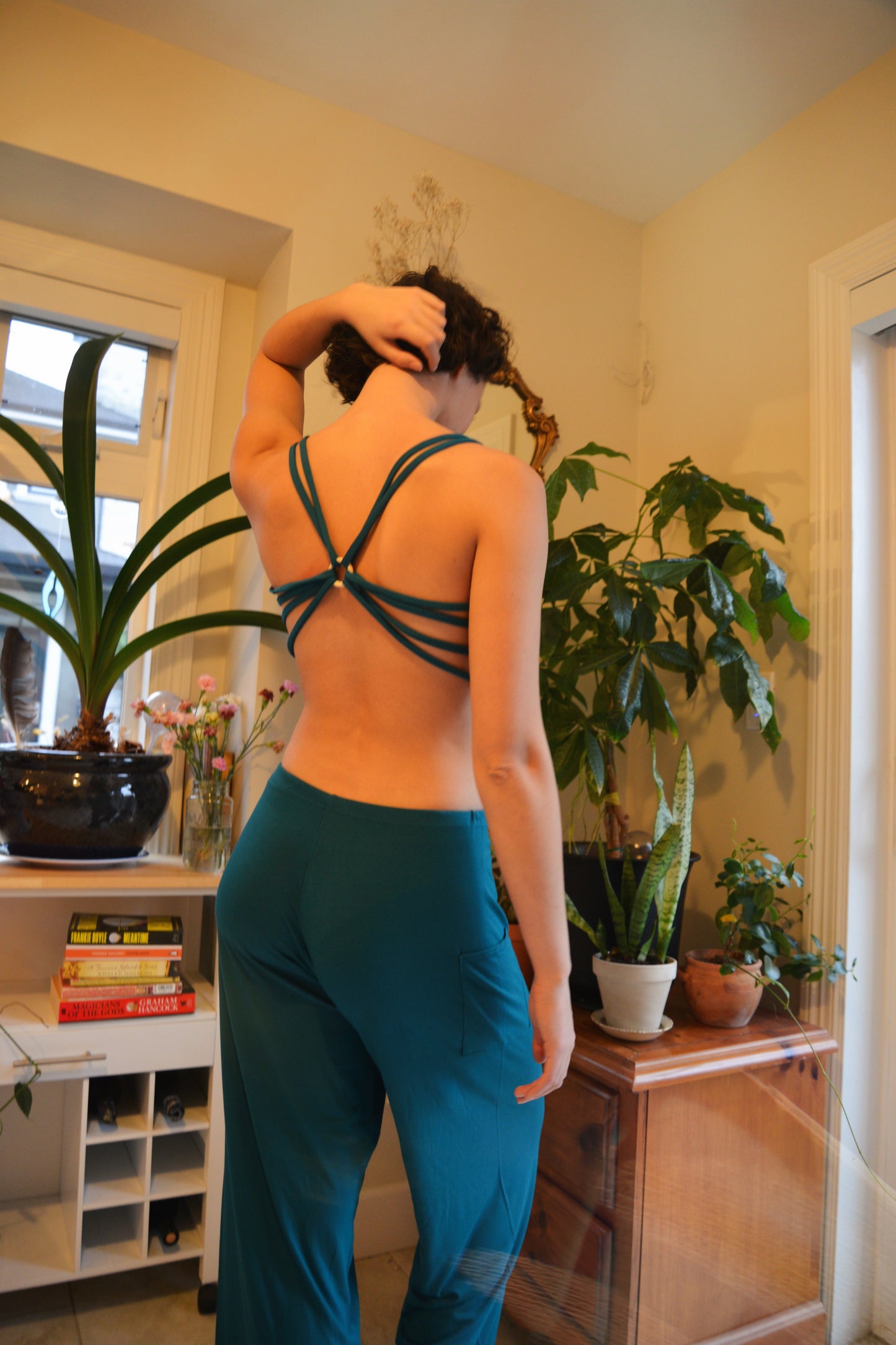 Open Back Bamboo teal top/ go bra-less