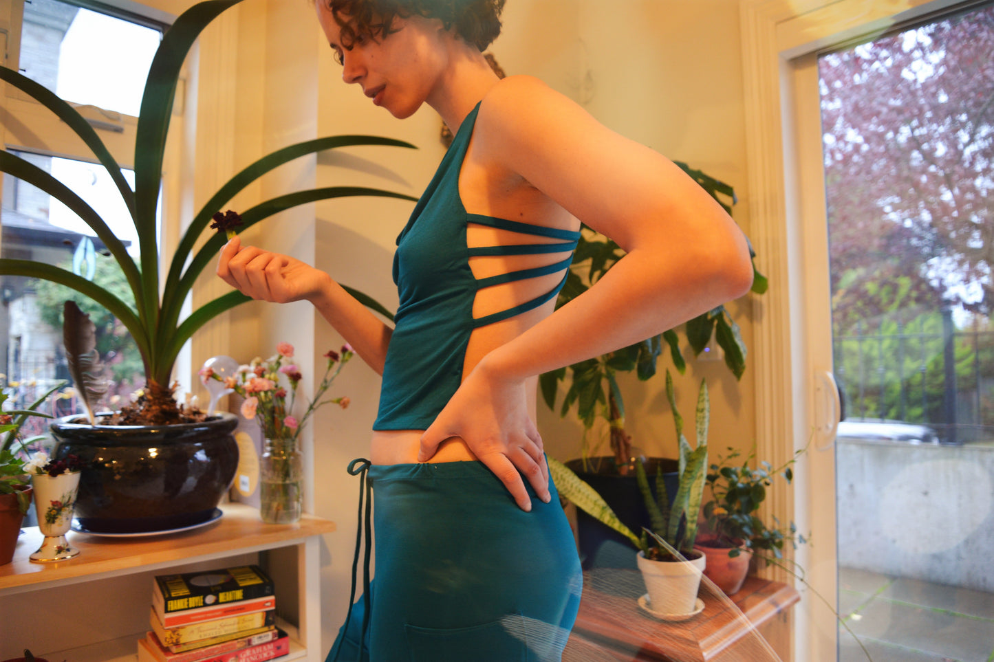 Open Back Bamboo teal top/ go bra-less