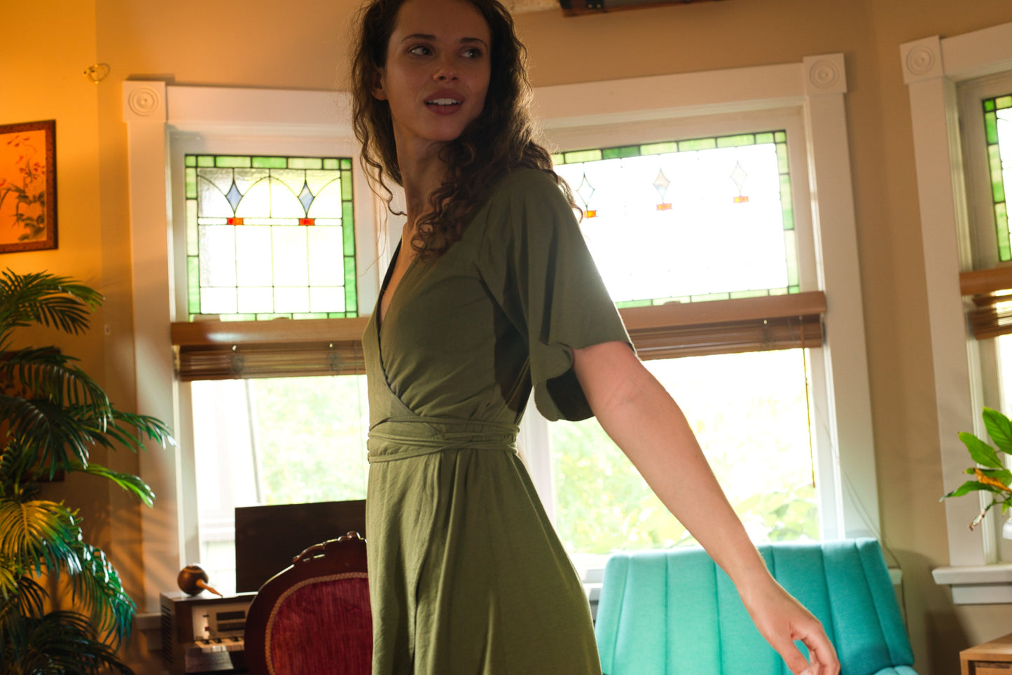 Wrap Olive Green Dress/eco friendly/ Natural fibre/ bamboo dress /hemp dress/ natural pixie dress Wrap dress ; sizing friendly Long ties, hugs the body tenderly Wave cut Hem finish ; pixie look