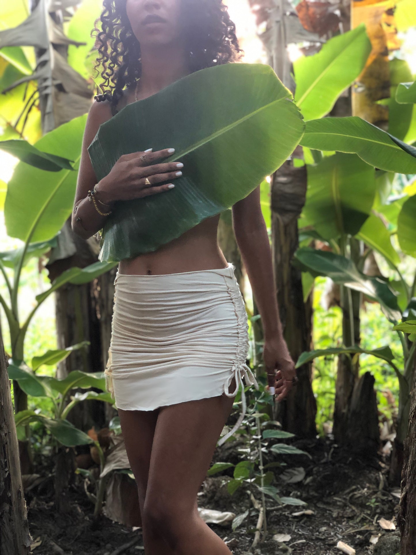 in the jungle she dances in her cream ruched skirt, ruching on3 sides, centre middle and sides,,eco friendly skirt, cream ruched bamboo skirt, natural fibre,ruched skirt, burning man outfit, festival skirt